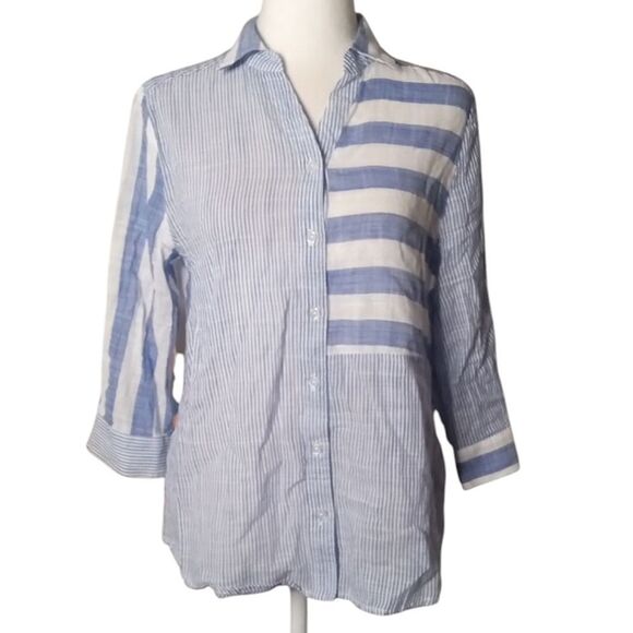Chico's Women's 100% Cotton Blue & White Striped Beachy Tunic Top Size 0 Small - Picture 1 of 7